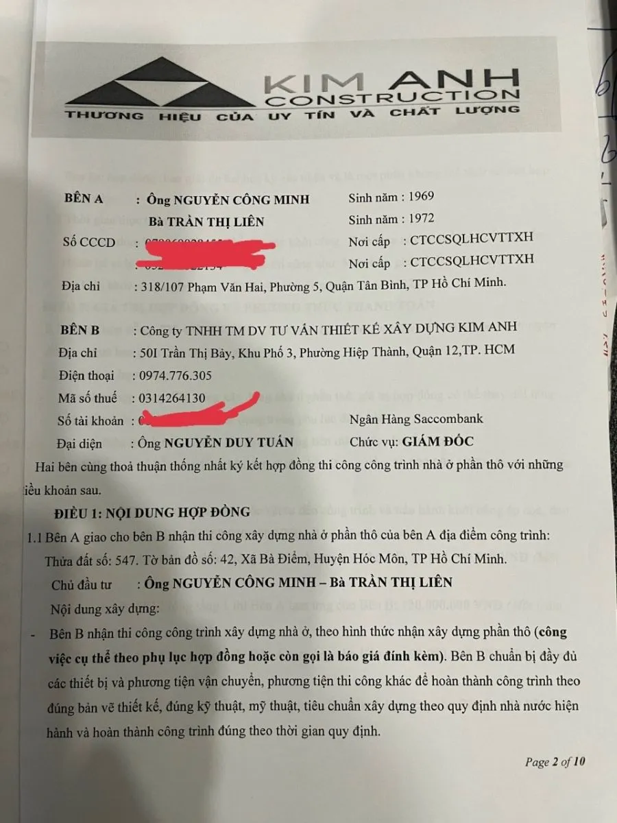 Hợp đồng thi c&ocirc;ng x&acirc;y dựng giữa 2 b&ecirc;n