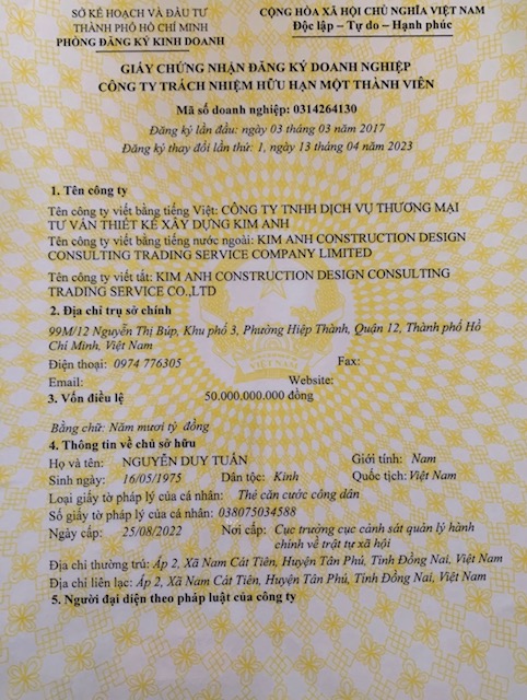 Giấy chứng nhận đăng ký kinh doanh Xây Dựng Kim Anh