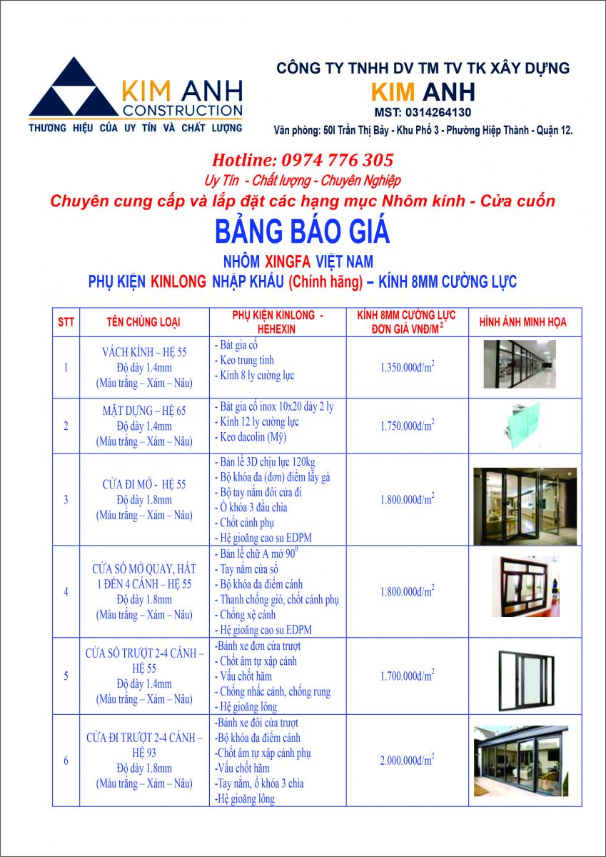 bao gia cua nhom Xingfa