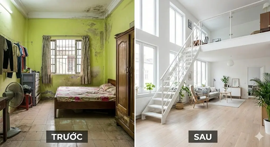 Cải tạo nh&agrave; nhỏ 28m2 tại G&ograve; Vấp trước v&agrave; sau khi thi c&ocirc;ng