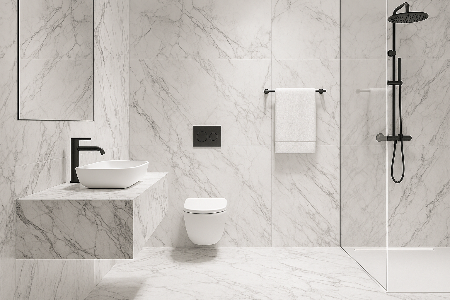 Nhà vệ sinh ốp gạch vân đá marble, sen cây và vòi nước màu đen