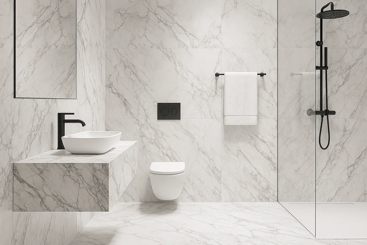 Nh&agrave; vệ sinh ốp gạch v&acirc;n đ&aacute; marble, sen c&acirc;y v&agrave; v&ograve;i nước m&agrave;u đen