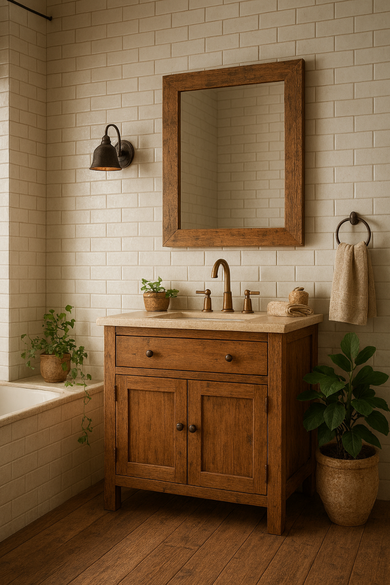 Nhà vệ sinh với mảng tường ốp gạch thẻ, tủ gỗ và cây xanh trang trí