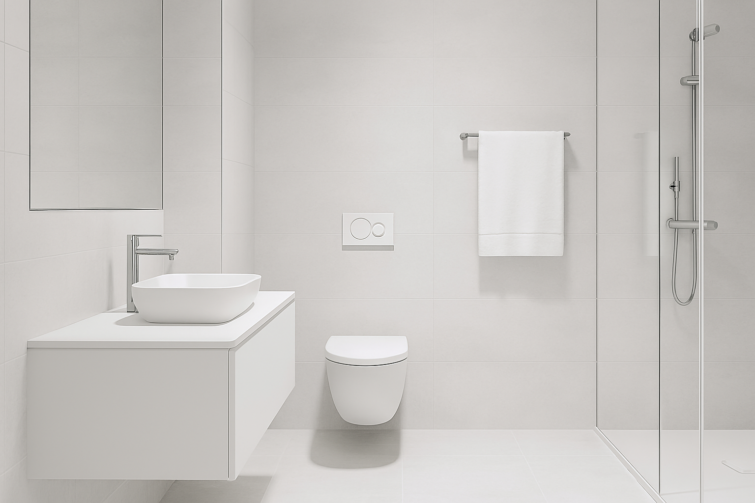 Nhà vệ sinh phong cách tối giản với tông màu xám trắng, thiết bị treo tường