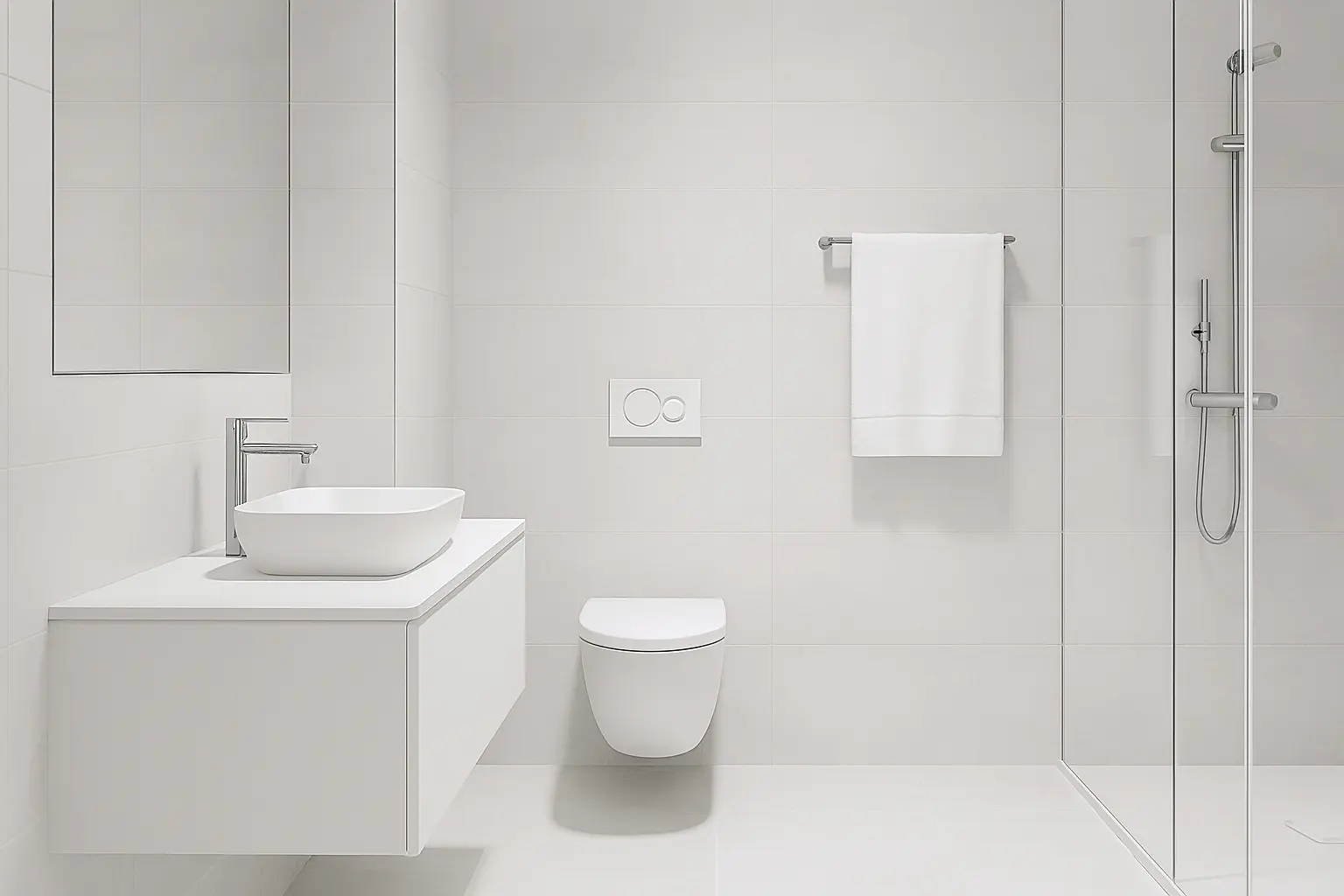 Nh&agrave; vệ sinh phong c&aacute;ch tối giản với t&ocirc;ng m&agrave;u x&aacute;m trắng, thiết bị treo tường