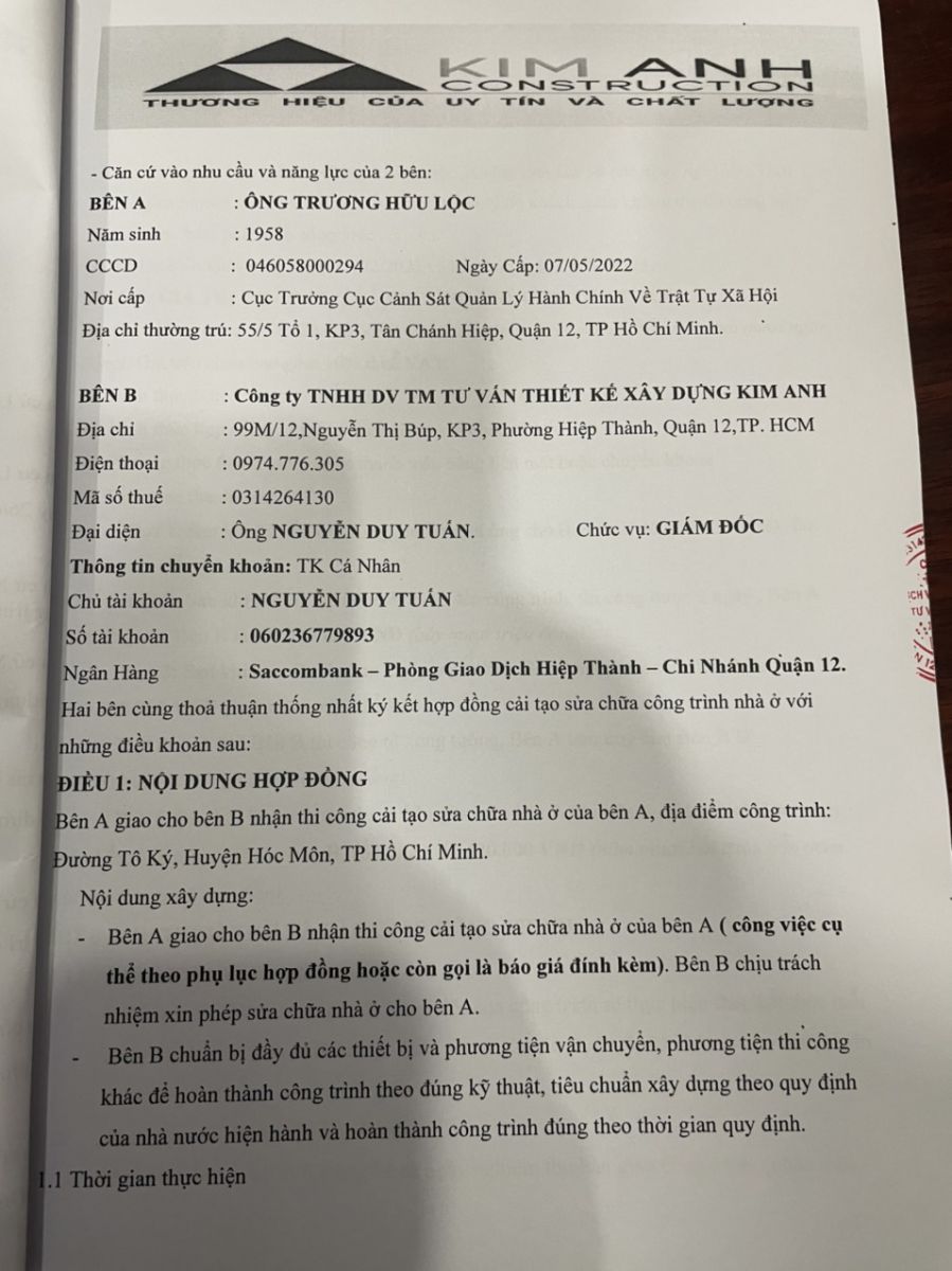 Hợp đồng sửa chữa nhà Anh Lộc, Tô Ký, Hóc Môn