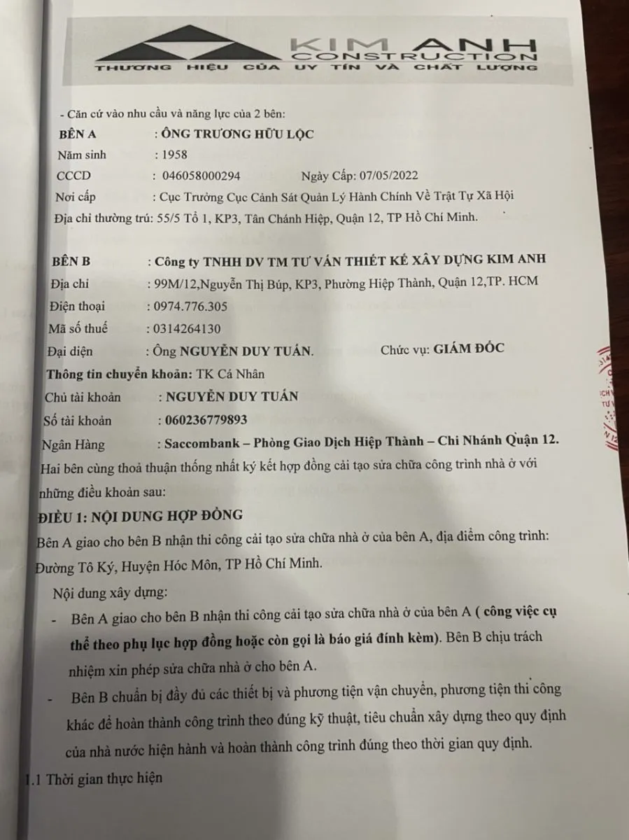 Hợp đồng sửa chữa nh&agrave; Anh Lộc, T&ocirc; K&yacute;, H&oacute;c M&ocirc;n