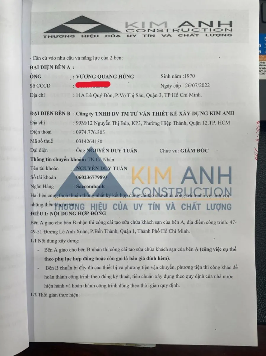 Hợp đồng thi c&ocirc;ng sửa chữa kh&aacute;ch sạn trọn g&oacute;i