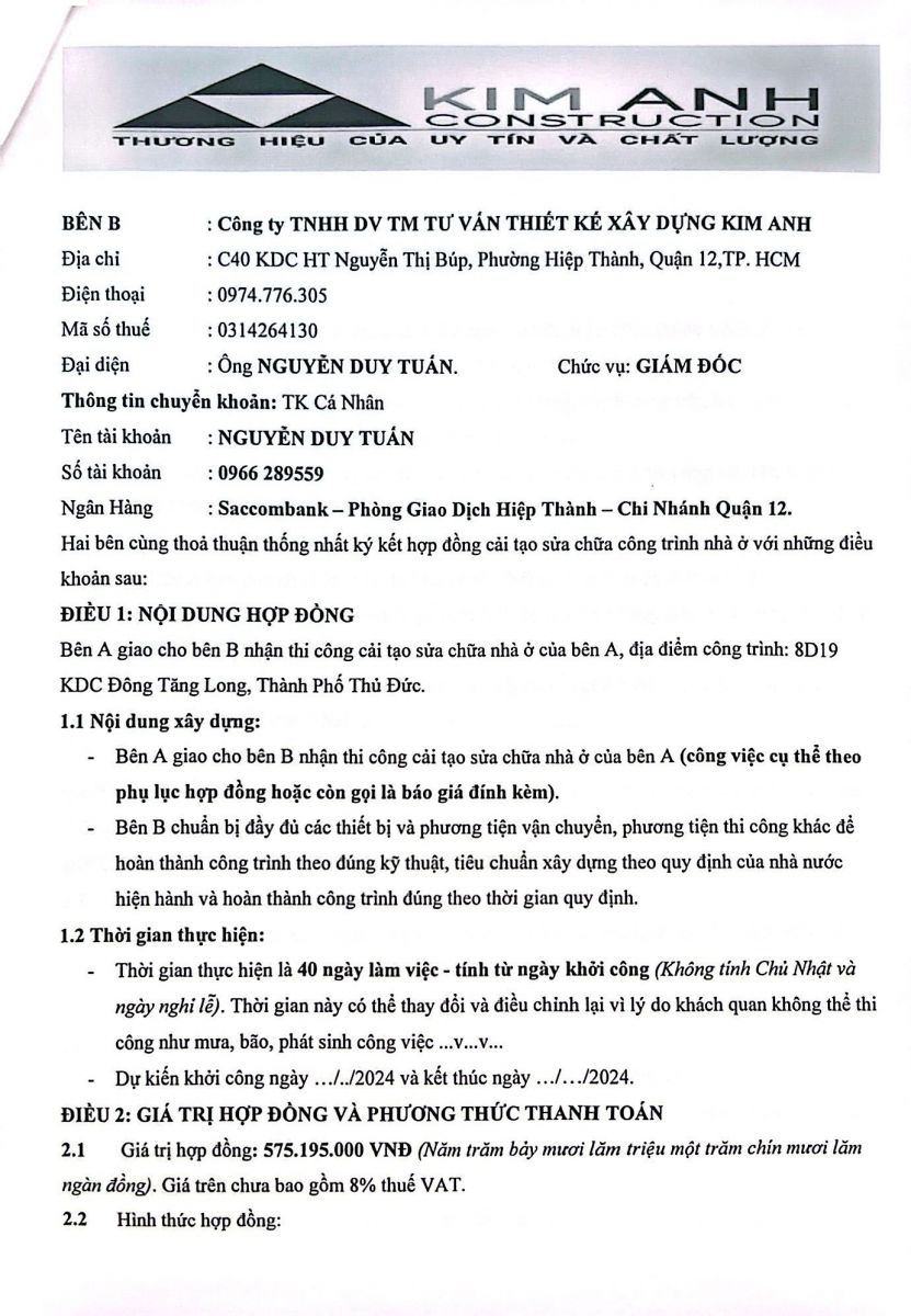 hợp đồng thi công sửa nhà trọn gói