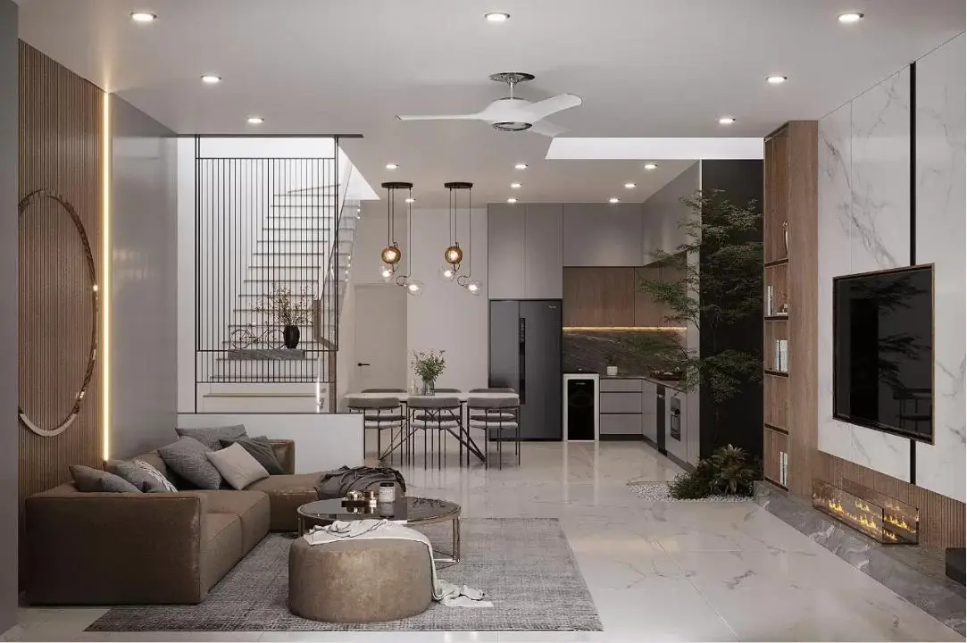 Trần phẳng thạch cao trong ph&ograve;ng kh&aacute;ch hiện đại