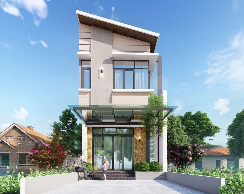 Mẫu thiết kế nh&agrave; phố 2 tầng m&aacute;i lệch
