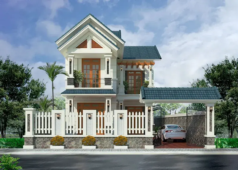 Biệt thự 2 tầng chữ L kết hợp được với nhiều vật liệu ngoại thất