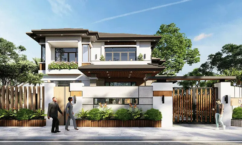 Biệt thự 2 tầng kiểu vườn c&oacute; pha ch&uacute;t hiện đại