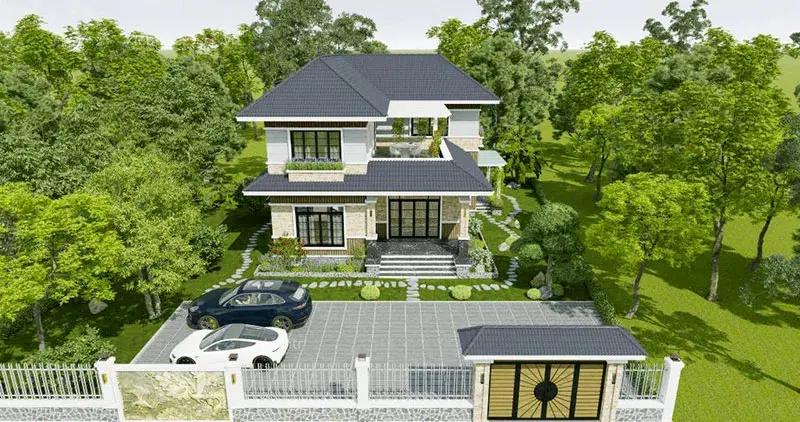 To&agrave;n cảnh một biệt thự 2 tầng nằm giữa c&acirc;y cỏ xanh tươi