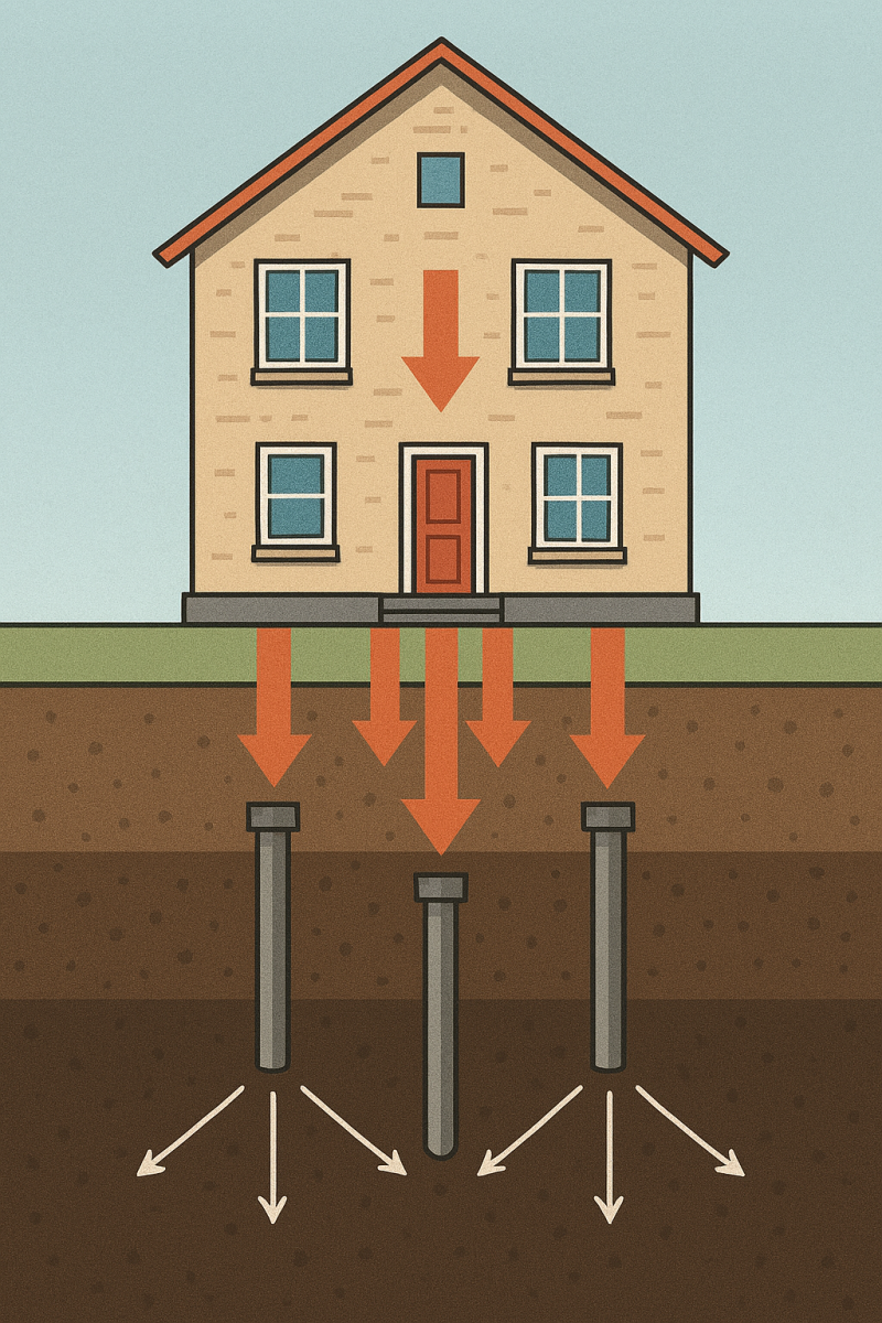 Sơ đồ mô tả tải trọng của ngôi nhà được truyền xuống nền móng và phân tán ra nền đất.