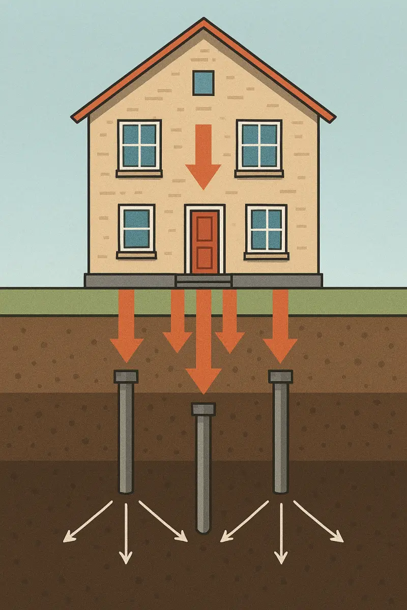 Sơ đồ m&ocirc; tả tải trọng của ng&ocirc;i nh&agrave; được truyền xuống nền m&oacute;ng v&agrave; ph&acirc;n t&aacute;n ra nền đất.