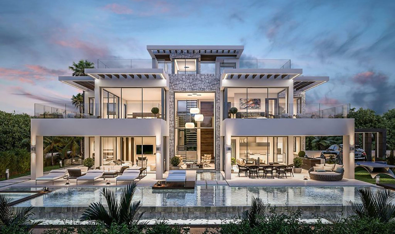 Biệt thự hiện đại 2 tầng với hồ bơi vô cực và vách kính lớn