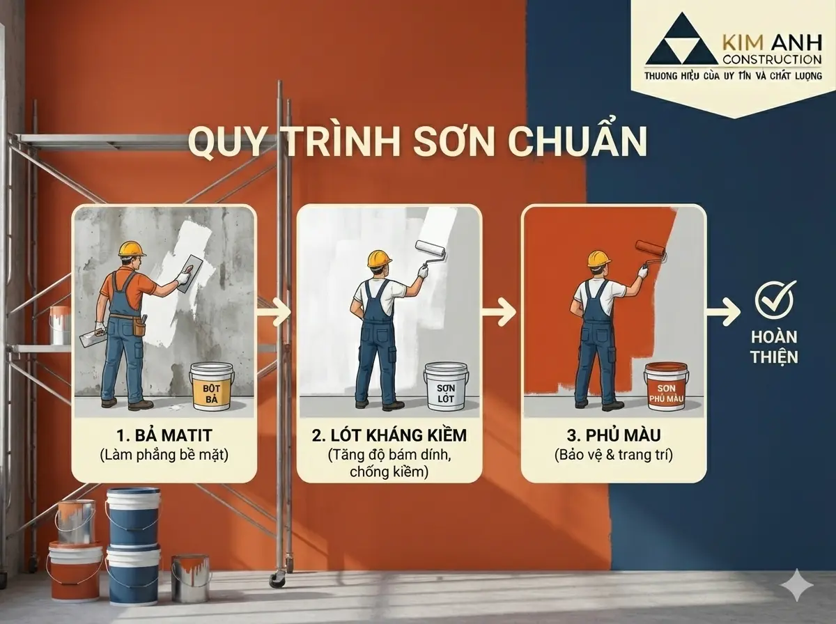 Quy tr&igrave;nh sơn chuẩn (Bả matit -> L&oacute;t kh&aacute;ng kiềm -> Phủ m&agrave;u)