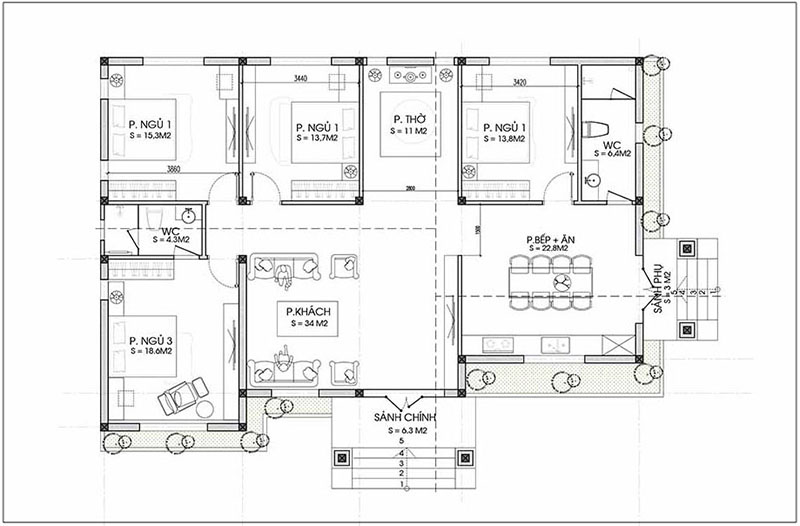 Mặt bằng nhà cấp 4 4 phòng ngủ