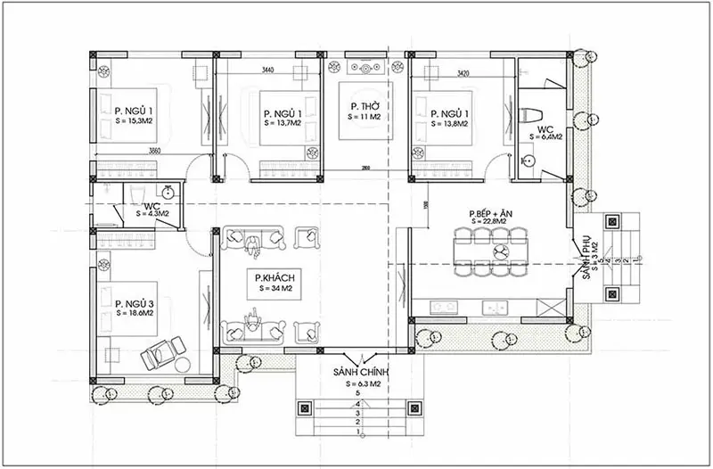 Mặt bằng nh&agrave; cấp 4 4 ph&ograve;ng ngủ