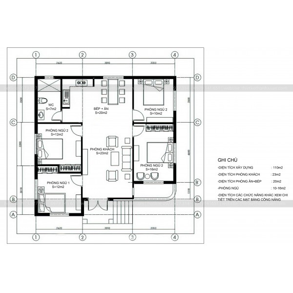 Mặt bằng nhà cấp 4 4 phòng ngủ