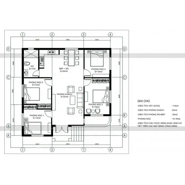 Mặt bằng nh&agrave; cấp 4 4 ph&ograve;ng ngủ