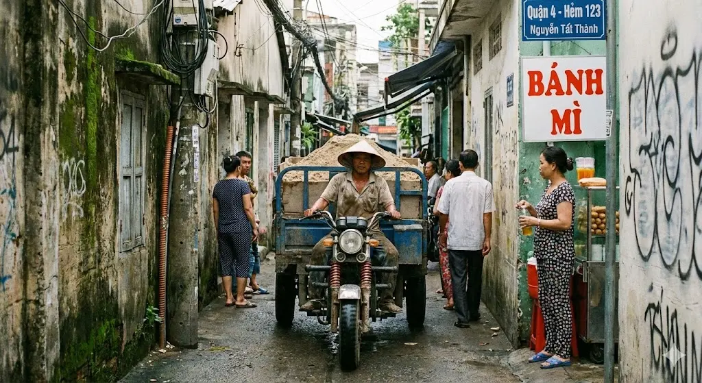 Một chiếc xe ba gác đang chở cát vào con hẻm nhỏ tại Quận 4 với hai bên tường sát rạt.