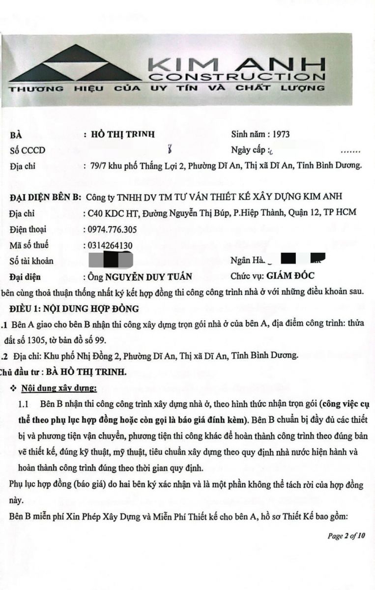 Hợp đồng thi công của dự án xây nhà 3 tầng mái thái tại Dĩ an