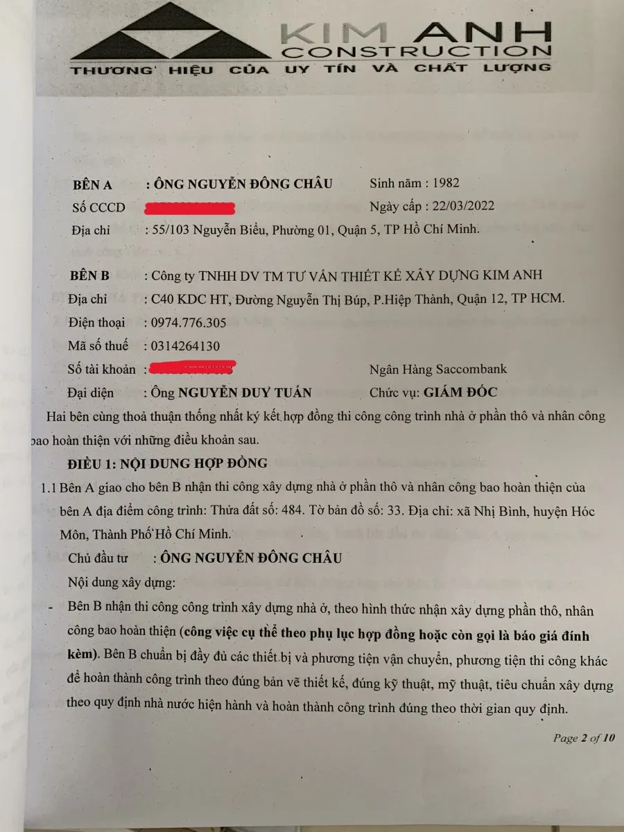 Hợp đồng thi công xây nhà phần thô Hóc Môn - Xây Dựng Kim Anh