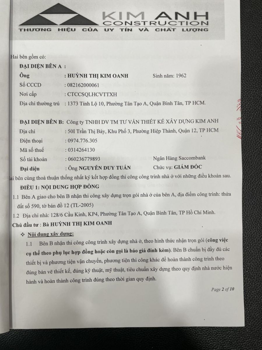 Hợp đồng Xây nhà trọn gói Quận Bình Tân - Xây Dựng Kim Anh