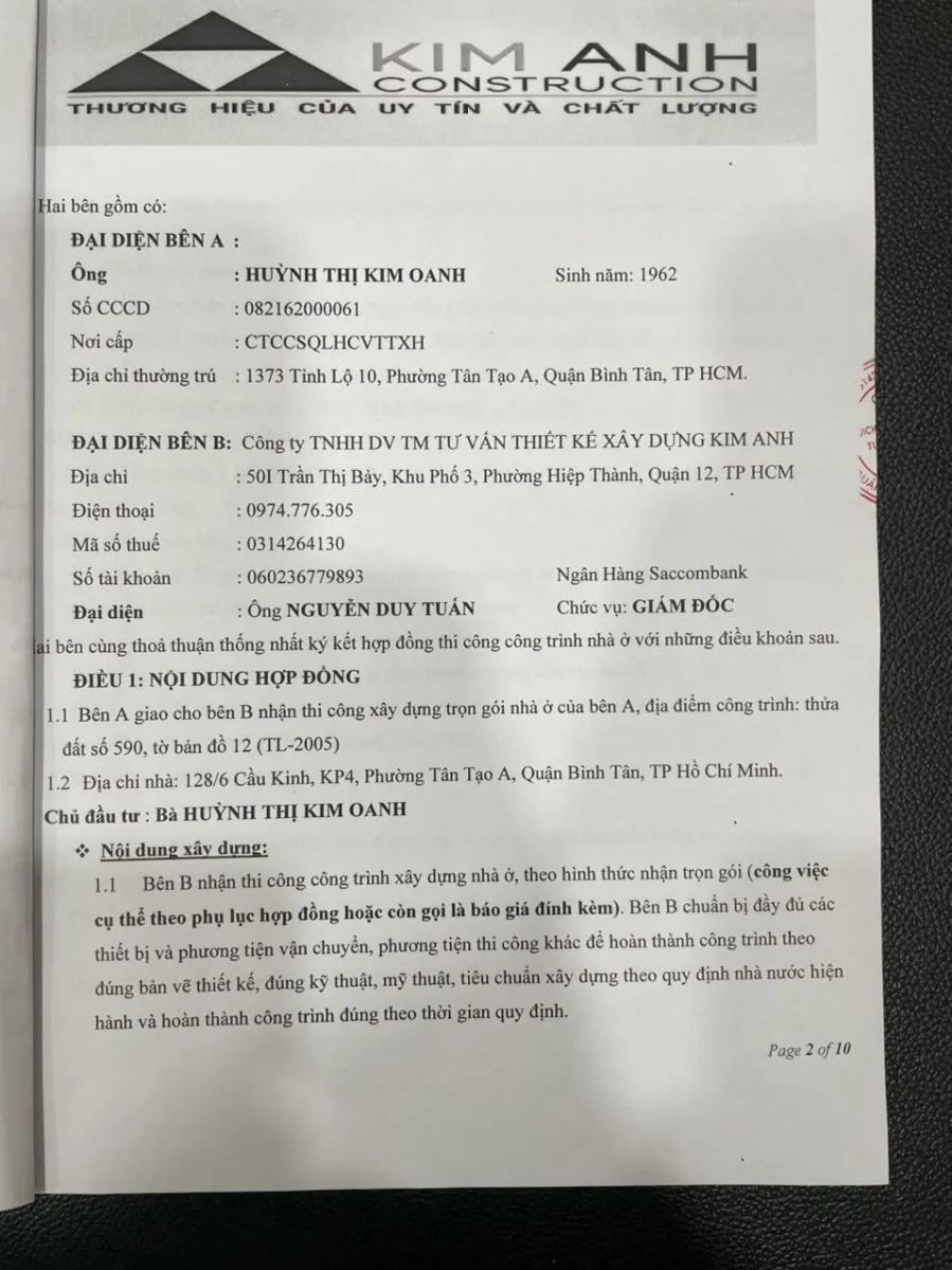 Hợp đồng X&acirc;y nh&agrave; trọn g&oacute;i Quận B&igrave;nh T&acirc;n - X&acirc;y Dựng Kim Anh
