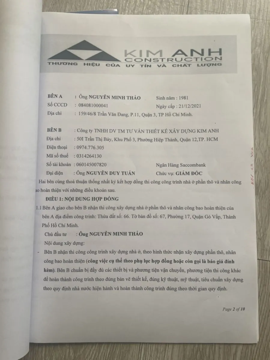 Hợp đồng thi c&ocirc;ng phần th&ocirc; v&agrave; nh&acirc;n c&ocirc;ng ho&agrave;n thiện G&ograve; Vấp - X&acirc;y Dựng Kim Anh