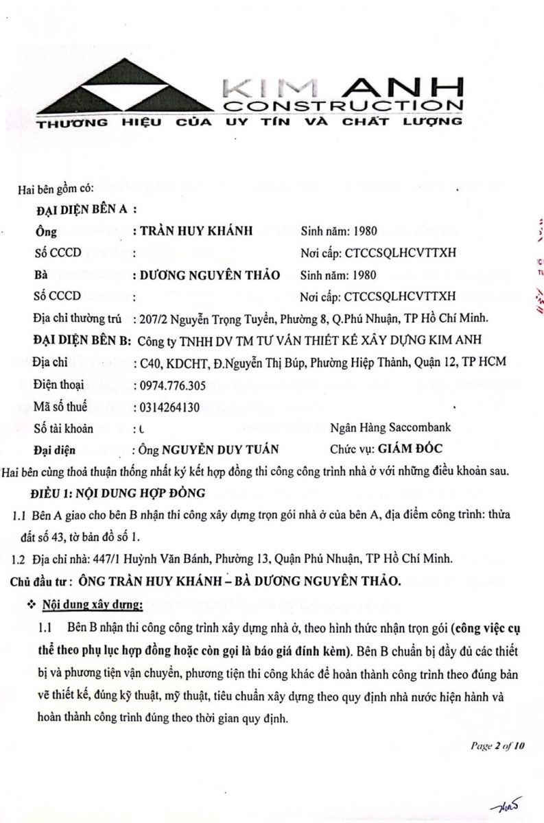 Hợp đồng xây nhà trọn gói Quận Phú Nhuận - Xây Dựng Kim Anh