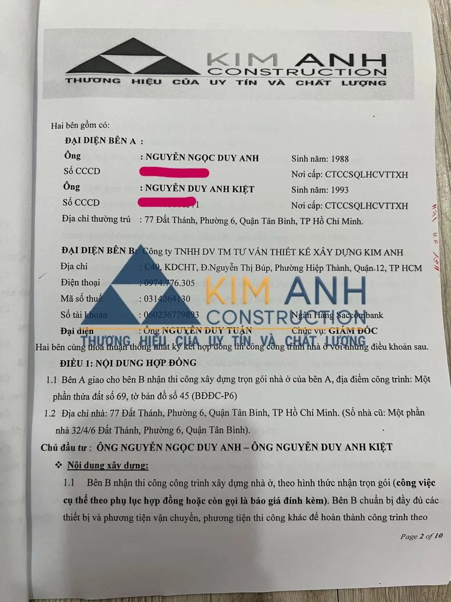 Hợp đồng x&acirc;y nh&agrave; trọn g&oacute;i Quận T&acirc;n B&igrave;nh - X&acirc;y Dựng Kim Anh