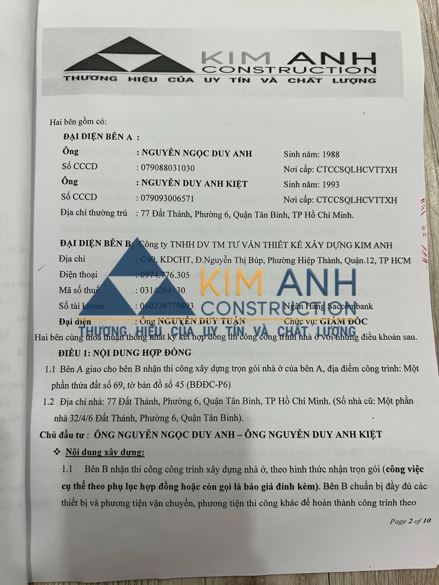 Dự án xây nhà trọn gói Phường 6, Quận Tân Bình